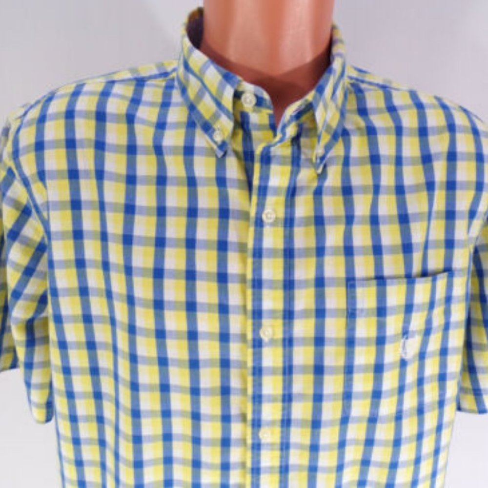 Chaps Easy Care Shirt Short Sleeve  Mens Large Blue Yellow Cotton Blend Pocket